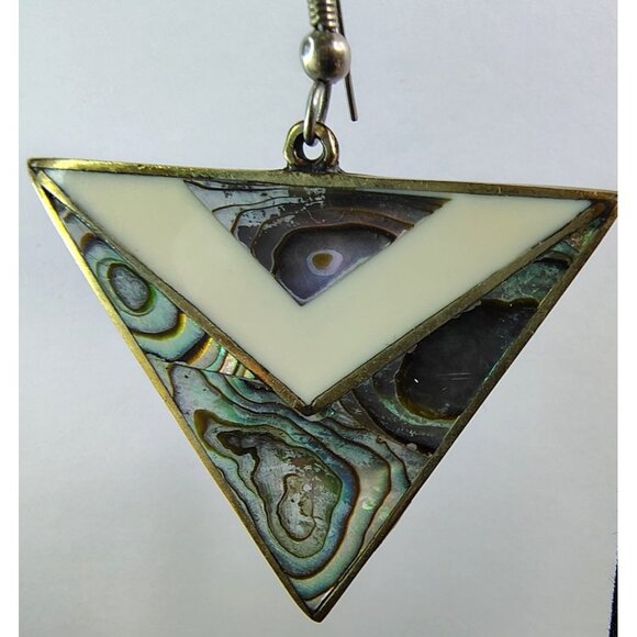 Vintage Alpaca Mexico Sterling Silver Abalone Triangle Dangle Earrings, 2" - Picture 2 of 3